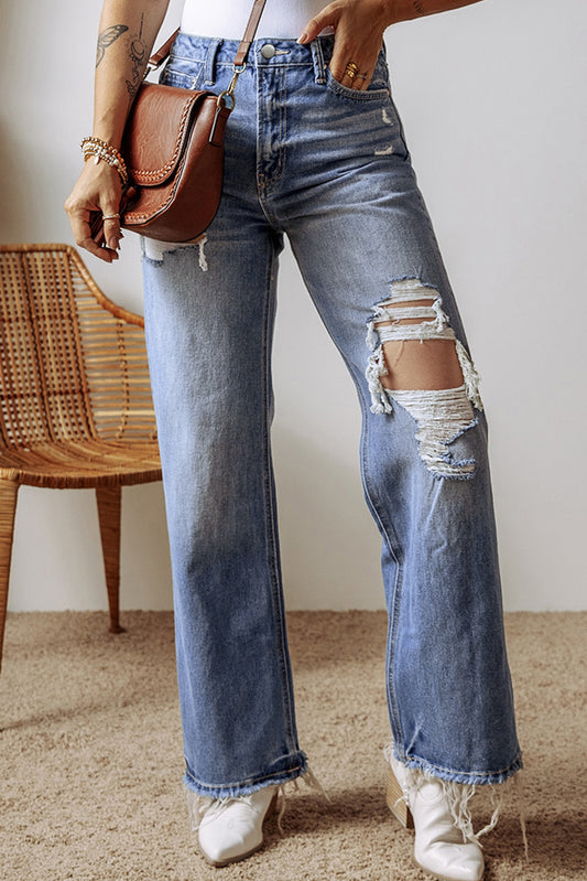 Ashleigh Blue Distressed Raw Hem Straight Leg High Waist Jeans